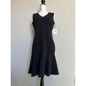 Calvin Klein Solid Black V Neck Flounce Hem Shift Dress Sz 10 Sleeveless NWT